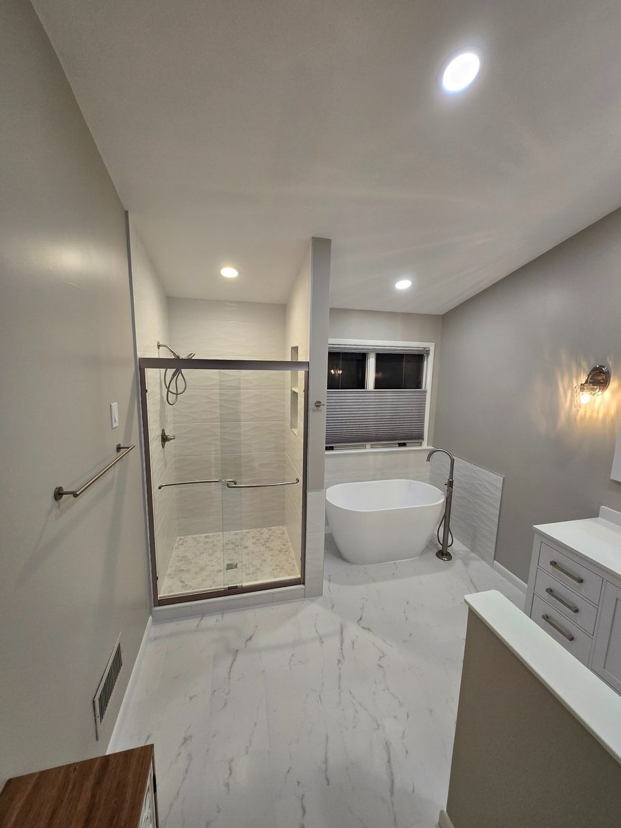 Bathroom remodel freestanding tub glass shower marble floor New Jersey CPR