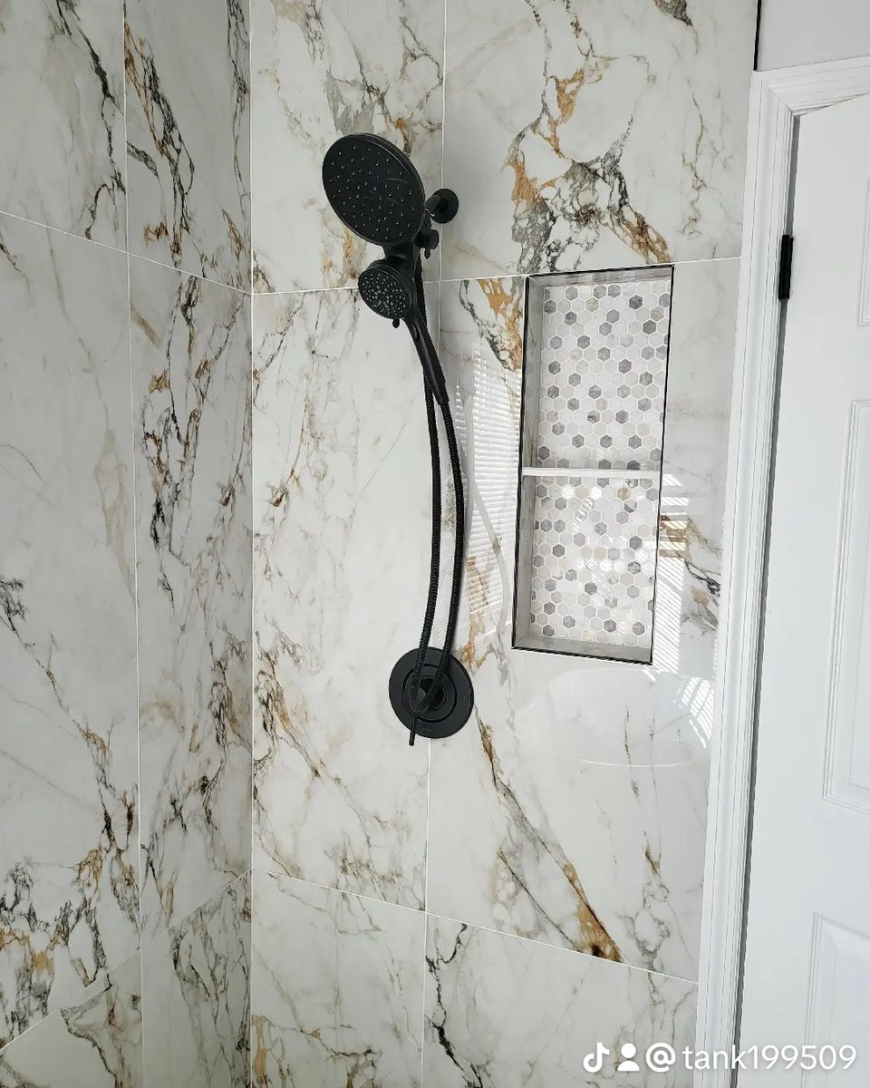Marble tile shower black fixtures custom niche New Jersey CPR Home Improvements